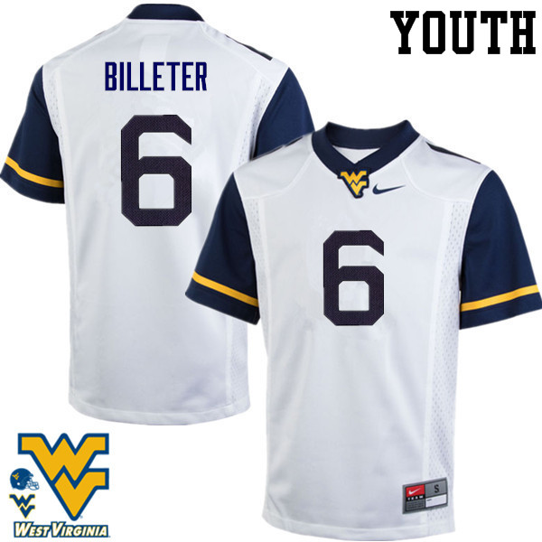 Youth #6 Will Billeter West Virginia Mountaineers College Football Jerseys-White - Click Image to Close